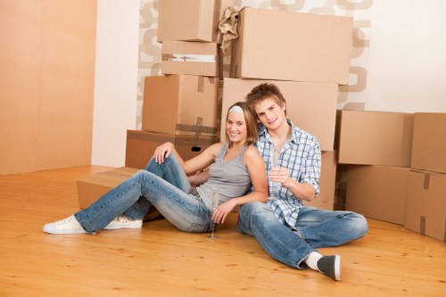 Business relocation planning with labeled boxes and office layout setup in Fulham