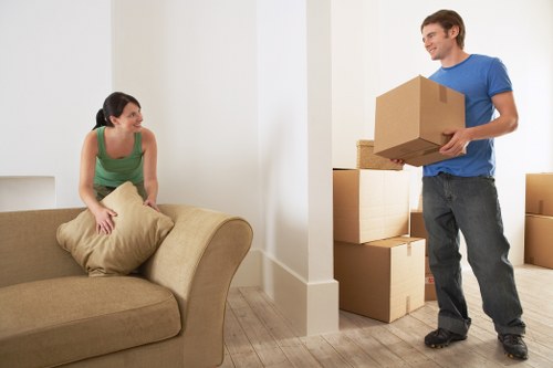 Organised packing supplies and labelled boxes for moving in Fulham
