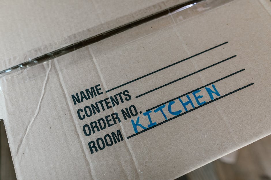 A person wearing a maroon top is holding an open cardboard box with both hands, positioned at chest level inside a room lined with numerous closed cardboard boxes, some sealed with black packing tape.